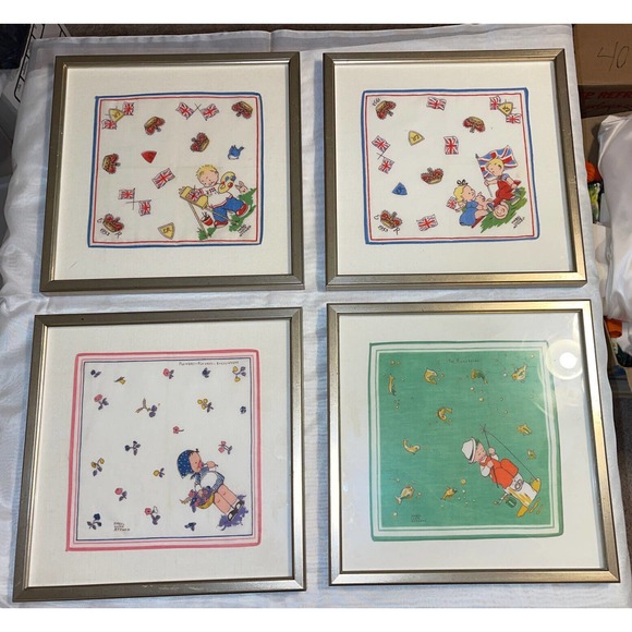 Lot Of 4 Vintage Large Mabel Lucie Attwell Hankies Professionally Framed 12”X13”